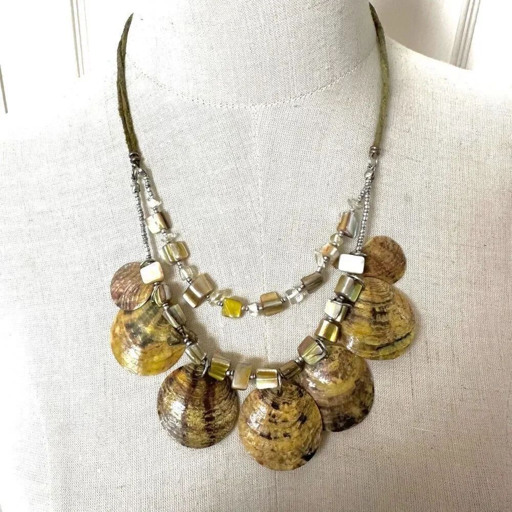 Leather Strand green  Shell Disc double strand  Beaded abalone  Necklace
